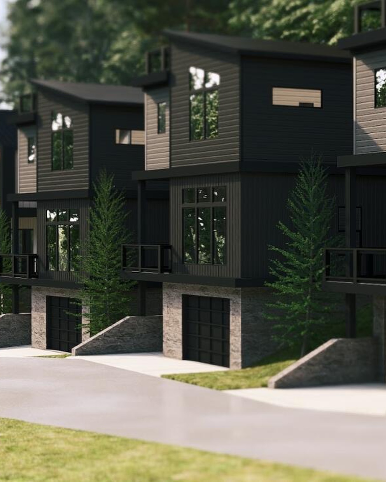 Rendering of modern townhomes with dark siding and stone-clad garages at Canopy at Lullwater