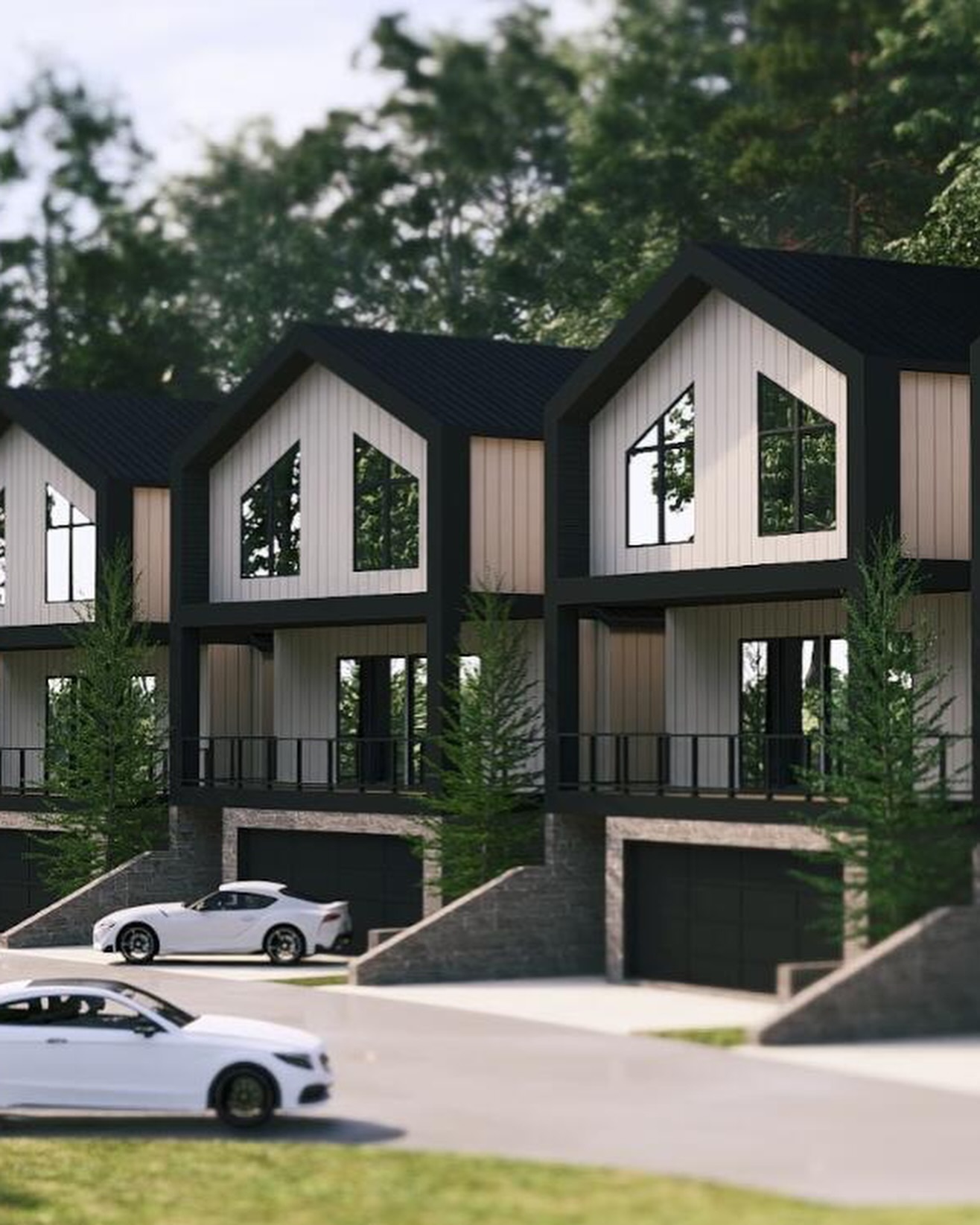 Rendering of gabled townhomes with light vertical siding and black trim at Canopy at Lullwater