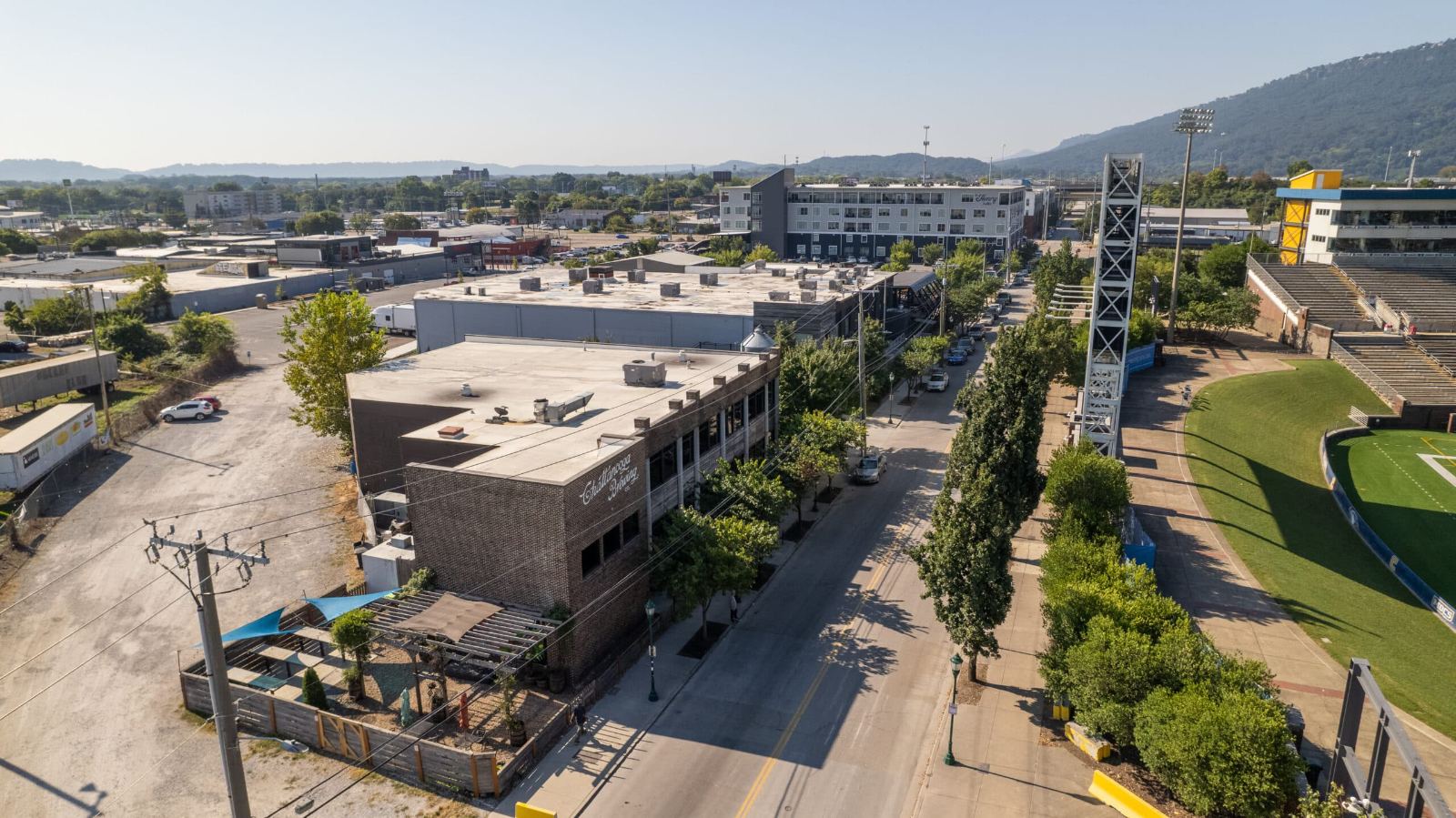 Aerial view of the brewery corner and street trees