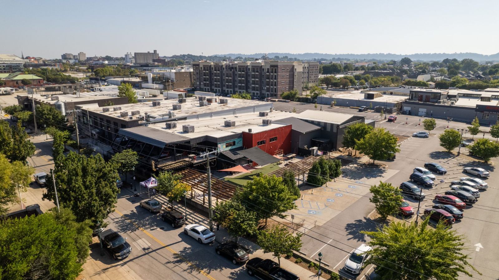 Aerial view of the Chestnut Street block, patios and parking