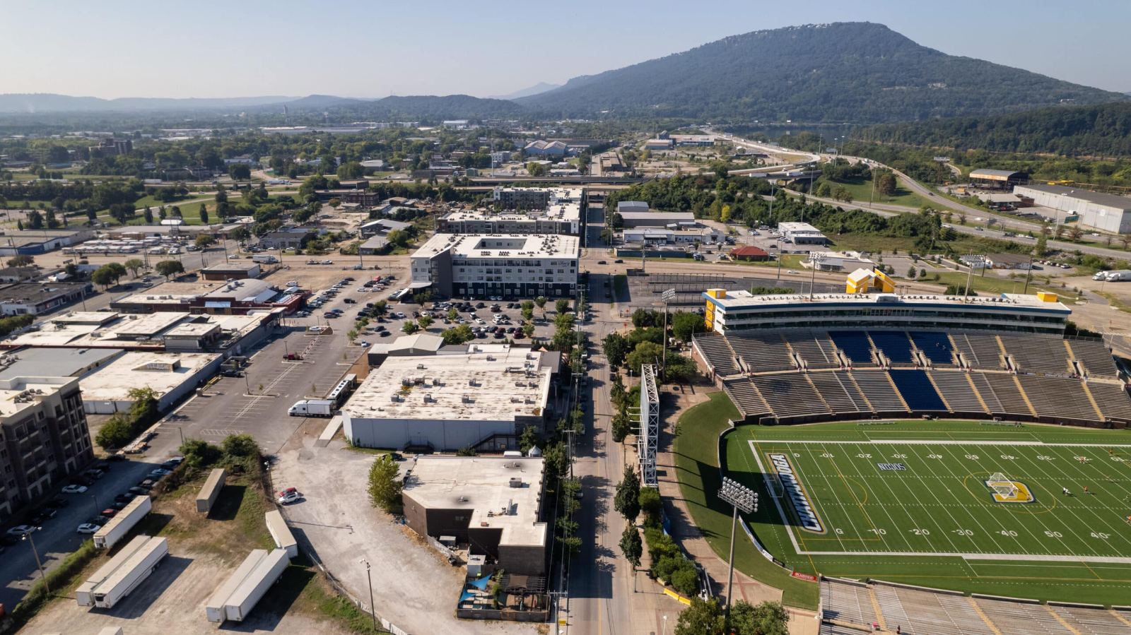 Aerial view of Chestnut Street and Finley Stadium, downtown Chattanooga