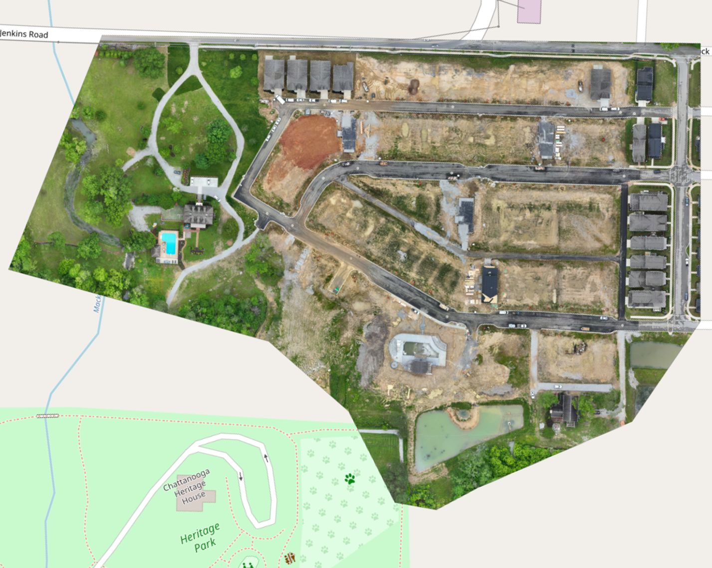 Aerial site plan of Heritage Walk Phase 2A showing streets, lots, ponds and the preserved woodland beside Heritage Park