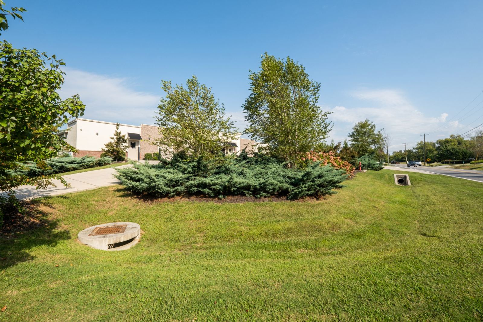 Planted beds and a drainage structure set into the lawn beside the building